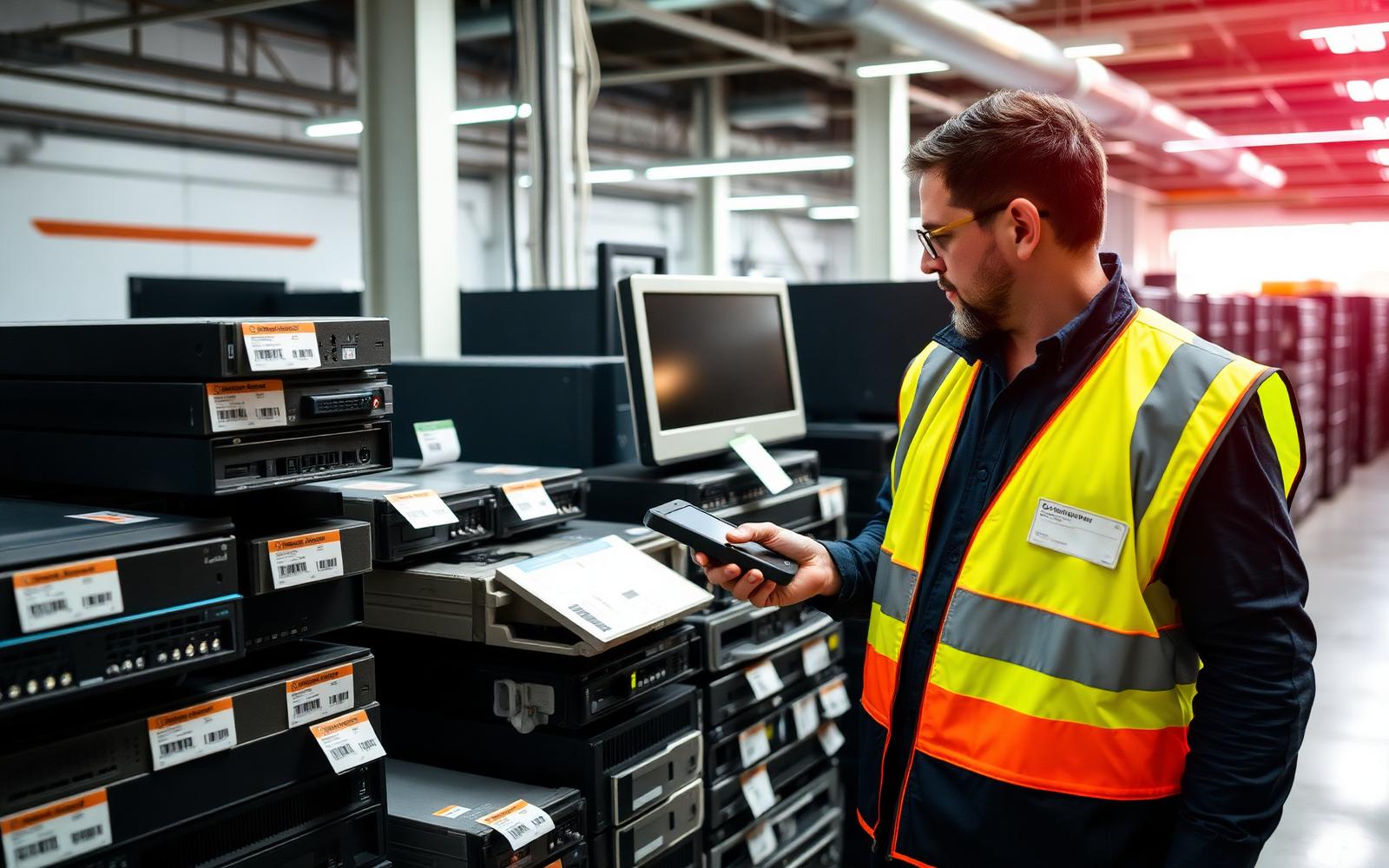 Certified e-waste being scanned for compliant recycling